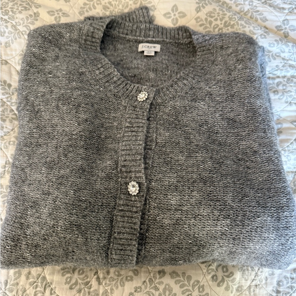 J. Crew Gray & Metallic women’s sweater with beautiful rhinestone button detail